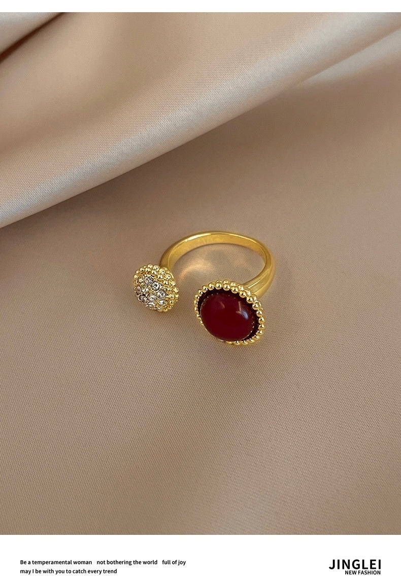 French Style Vintage Red Agate Ring Female Light Luxury Temperament High Sense