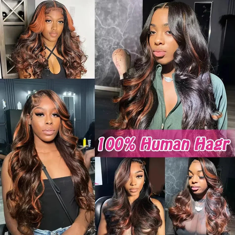 Ombre Highlight Body Wave 13x4 HD Lace Front Human Hair Wig Curly 1B/30 Black Brown Colored 13x6 Lace Frontal Wigs For Women