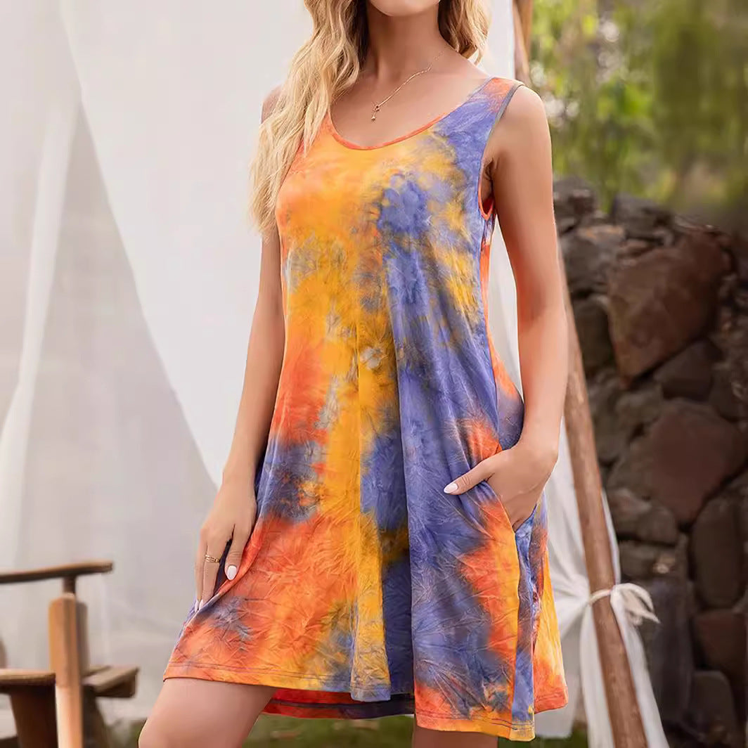 Sleeveless Round Neck Pocket Tie-dye Printed Vest Dress