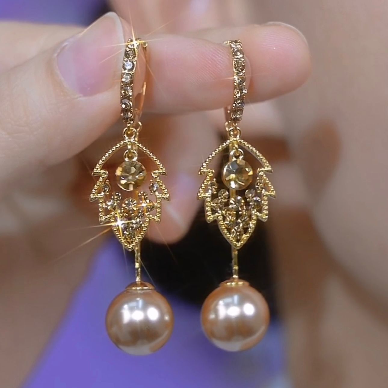 French Entry Lux High-grade Coffee Color Full Diamond Leaf Pearl Earrings