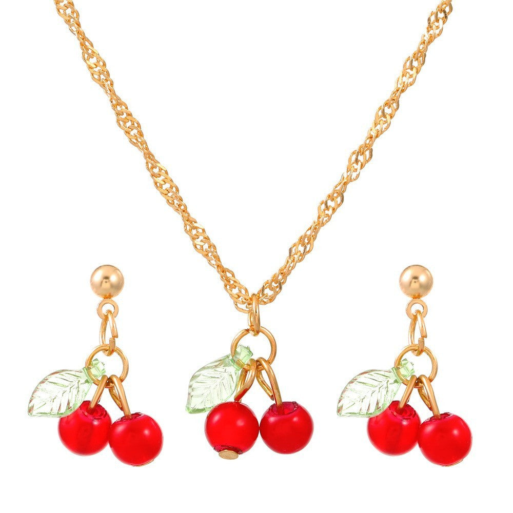 Cherry Light Luxury Minority Design Clavicle Chain Earings Set