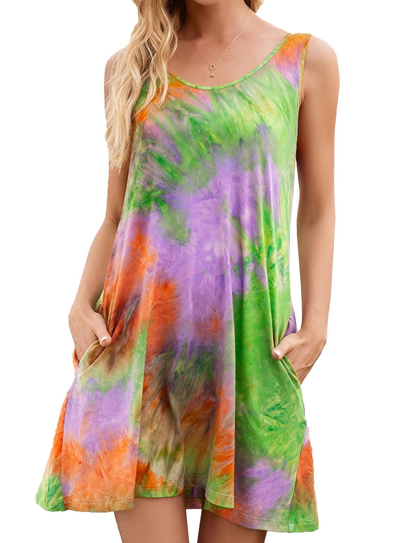 Sleeveless Round Neck Pocket Tie-dye Printed Vest Dress