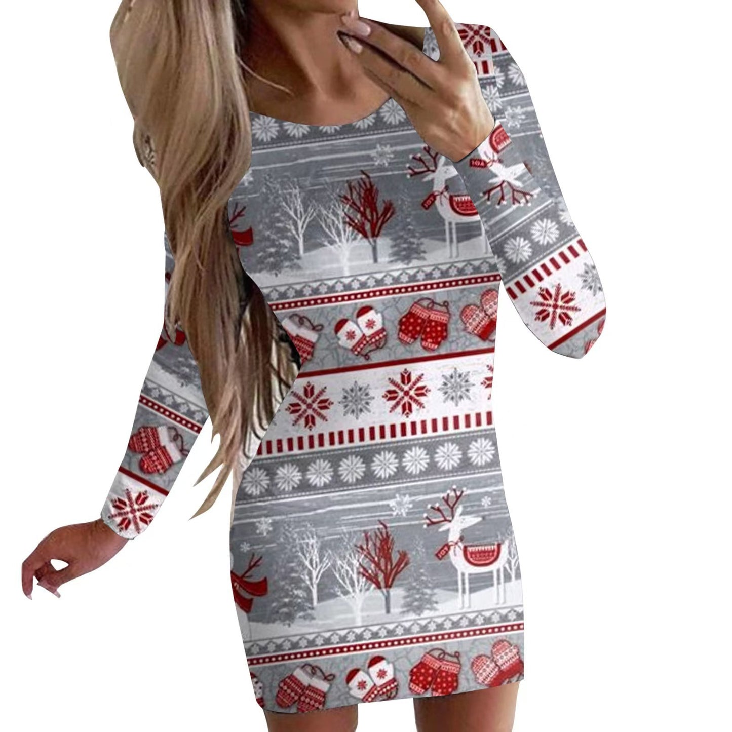 New Christmas Printed Round Neck Long Sleeve Narrow Dress