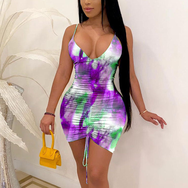 Deep V-neck Tie-dye Print Slim Fit Dress