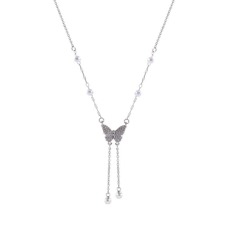 Cold Style Butterfly Pearl Tassel Necklace For Women
