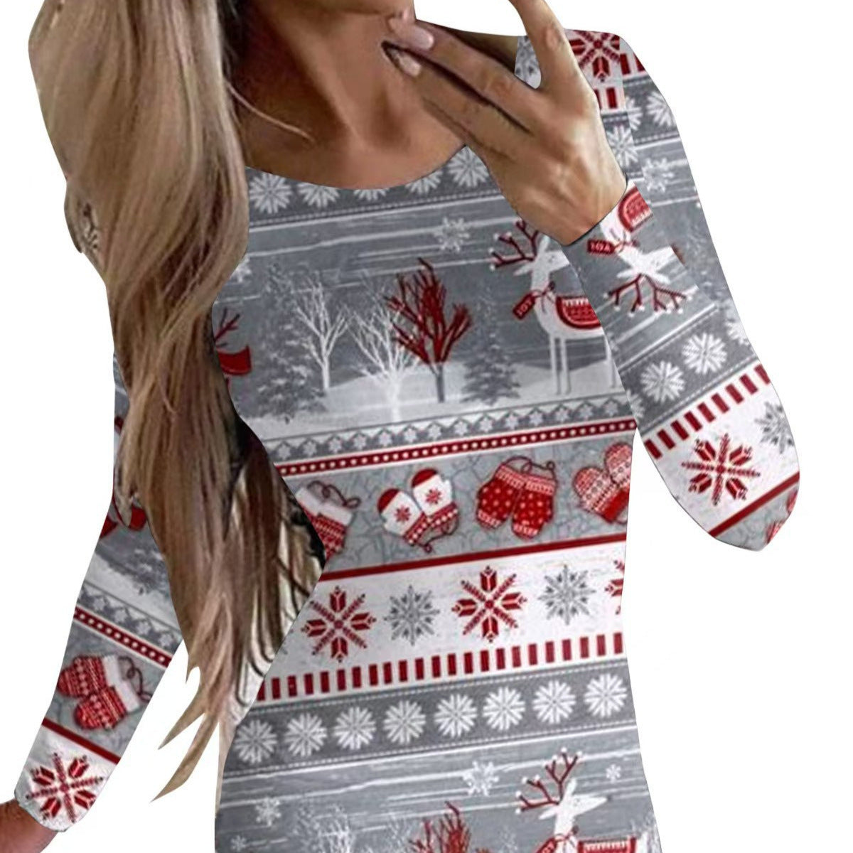 New Christmas Printed Round Neck Long Sleeve Narrow Dress