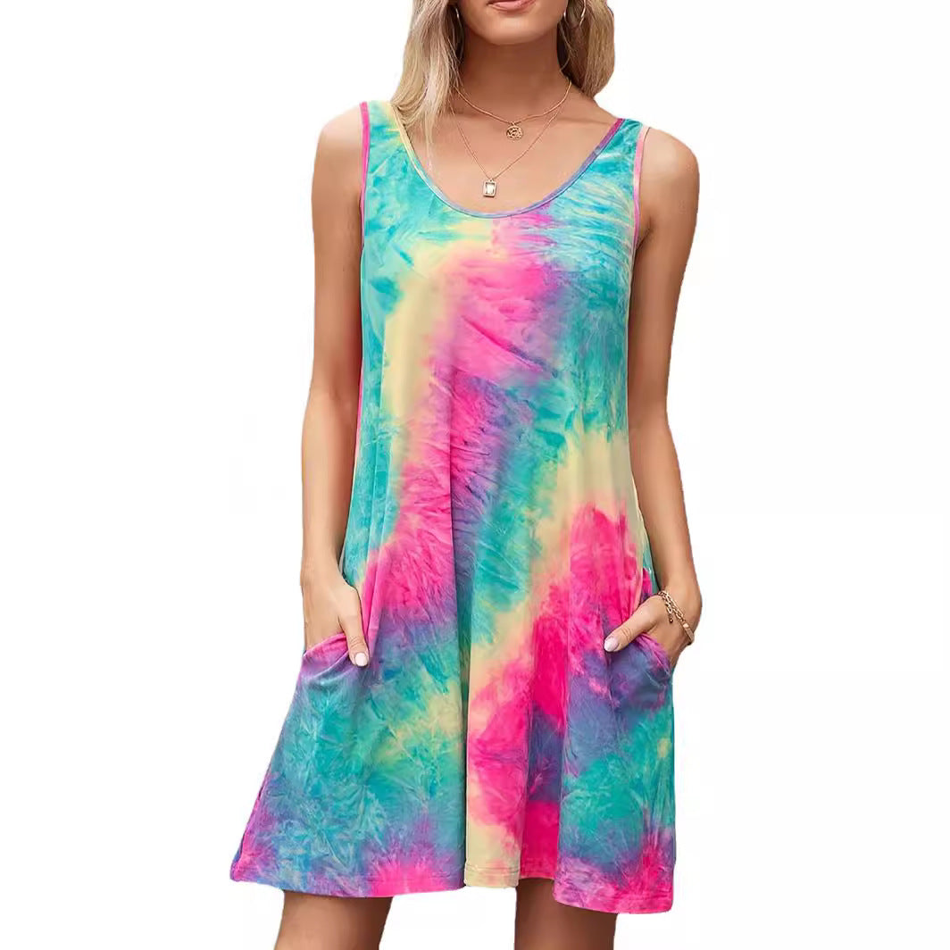 Sleeveless Round Neck Pocket Tie-dye Printed Vest Dress