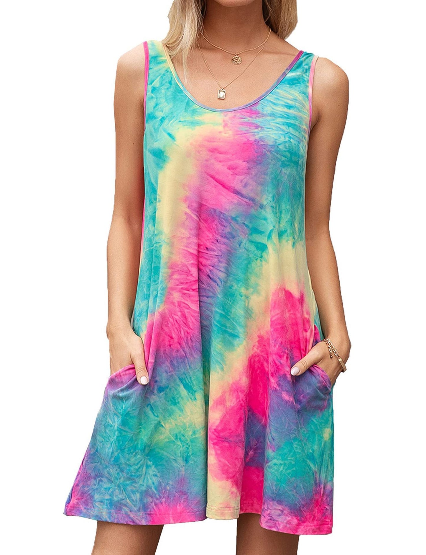 Sleeveless Round Neck Pocket Tie-dye Printed Vest Dress