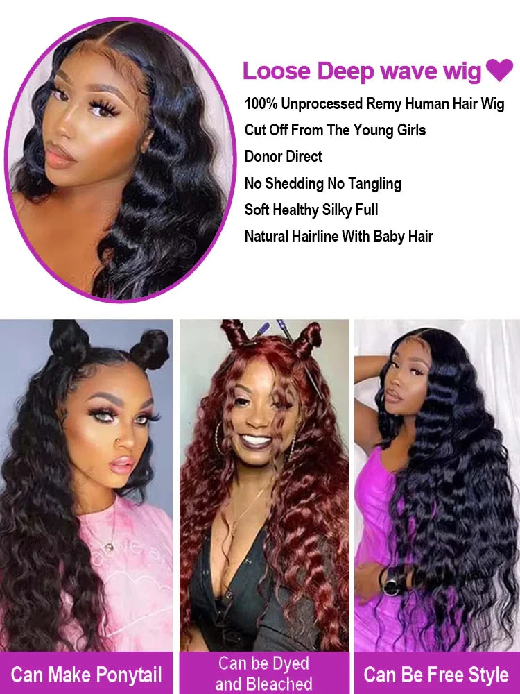 HD 13x6 Loose Nature Wave Lace Front Human Hair Wigs 250% Transparent 30 40 Inch 13x4 360 Full Deep Water Wave Lace Frontal Wig