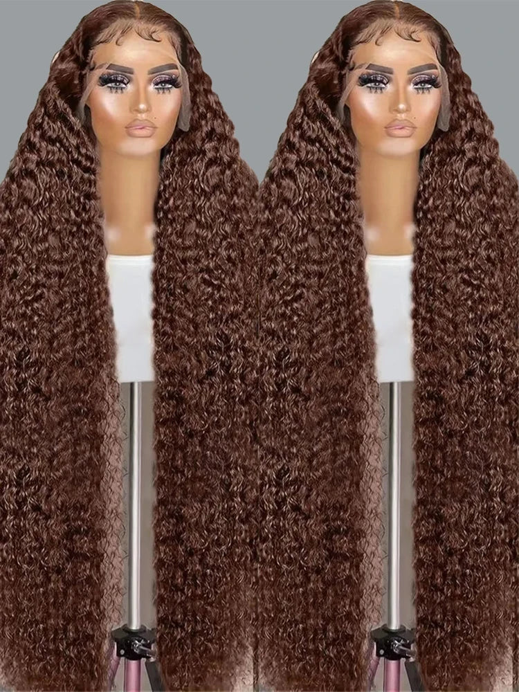 200% Chocolate Brown Deep Wave Human Hair Wig 30 34Inch Transparent Lace Frontal Wigs For Women 13x6 Lace Front Water Curly Wigs