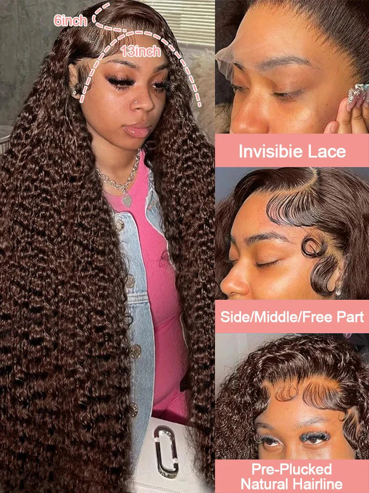 200% Chocolate Brown Deep Wave Human Hair Wig 30 34Inch Transparent Lace Frontal Wigs For Women 13x6 Lace Front Water Curly Wigs