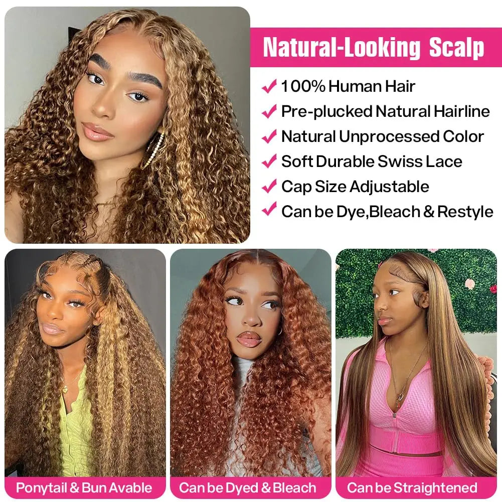 Highlight 13x6 Lace Frontal Wig Human Hair Brazilian Curly Wigs For Women Deep Water Wave HD Lace Wig  Transparent Colored Hair