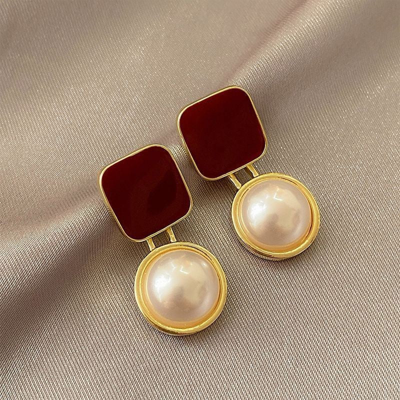 Red Blue Blocks Pearl Stud Earrings Ins French Simplicity