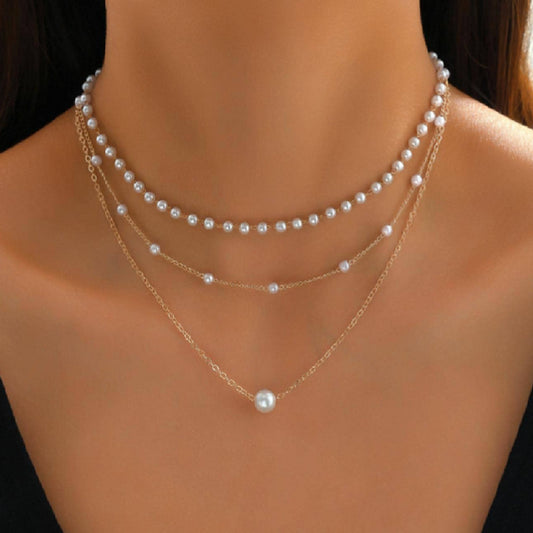Pearl Chain Pendant Three-layer Necklace For Women Twin All-matching