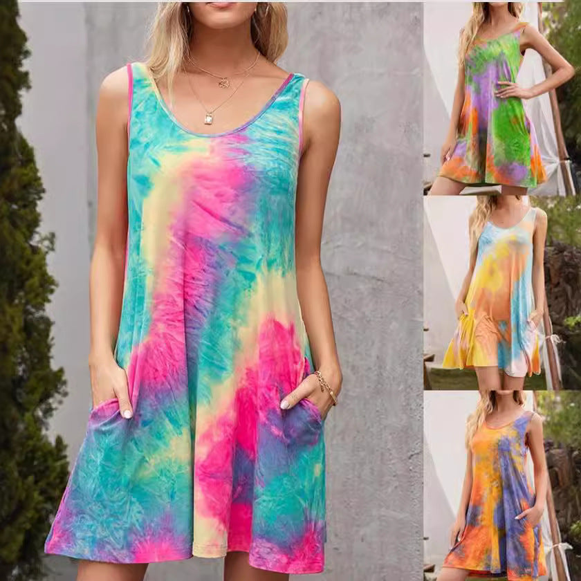 Sleeveless Round Neck Pocket Tie-dye Printed Vest Dress