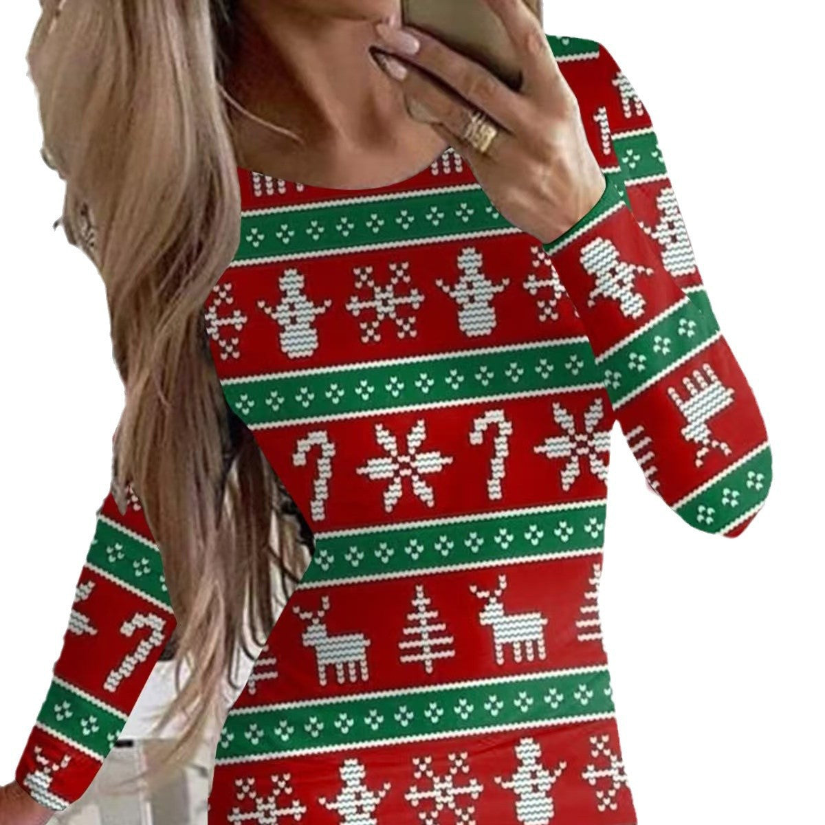 New Christmas Printed Round Neck Long Sleeve Narrow Dress