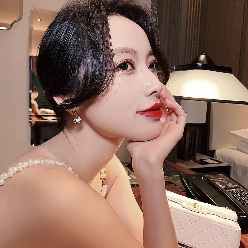 Sterling Silver Needle Pearl Diamond Studded Hollow Scallop Earrings All-matching Graceful