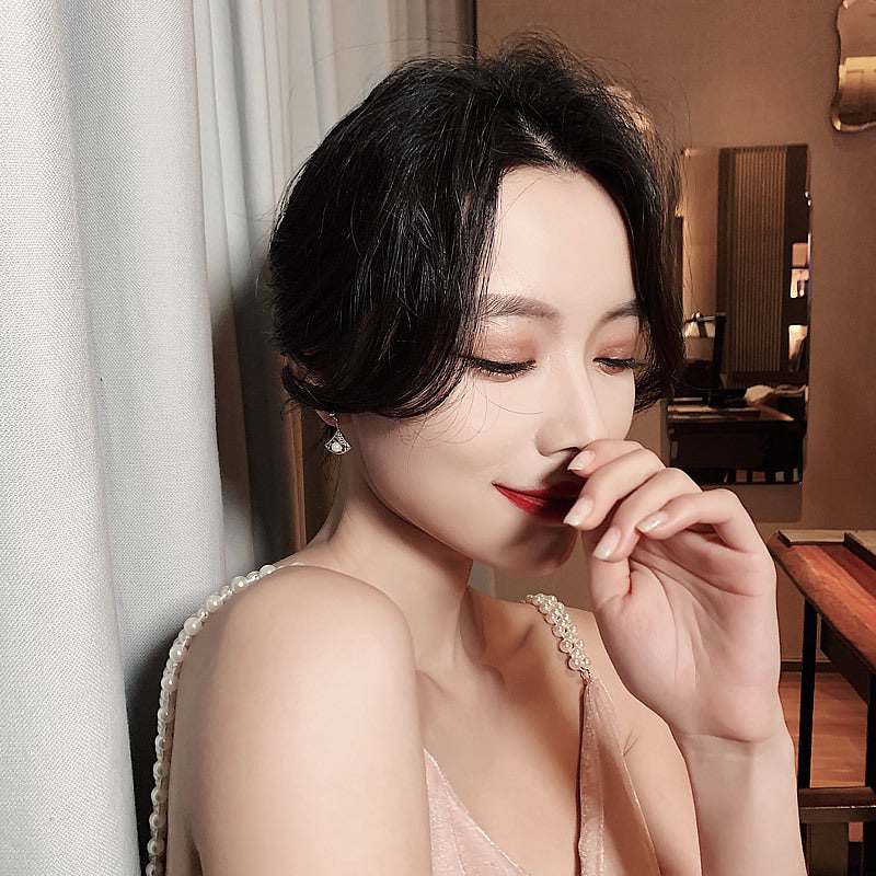 Sterling Silver Needle Pearl Diamond Studded Hollow Scallop Earrings All-matching Graceful