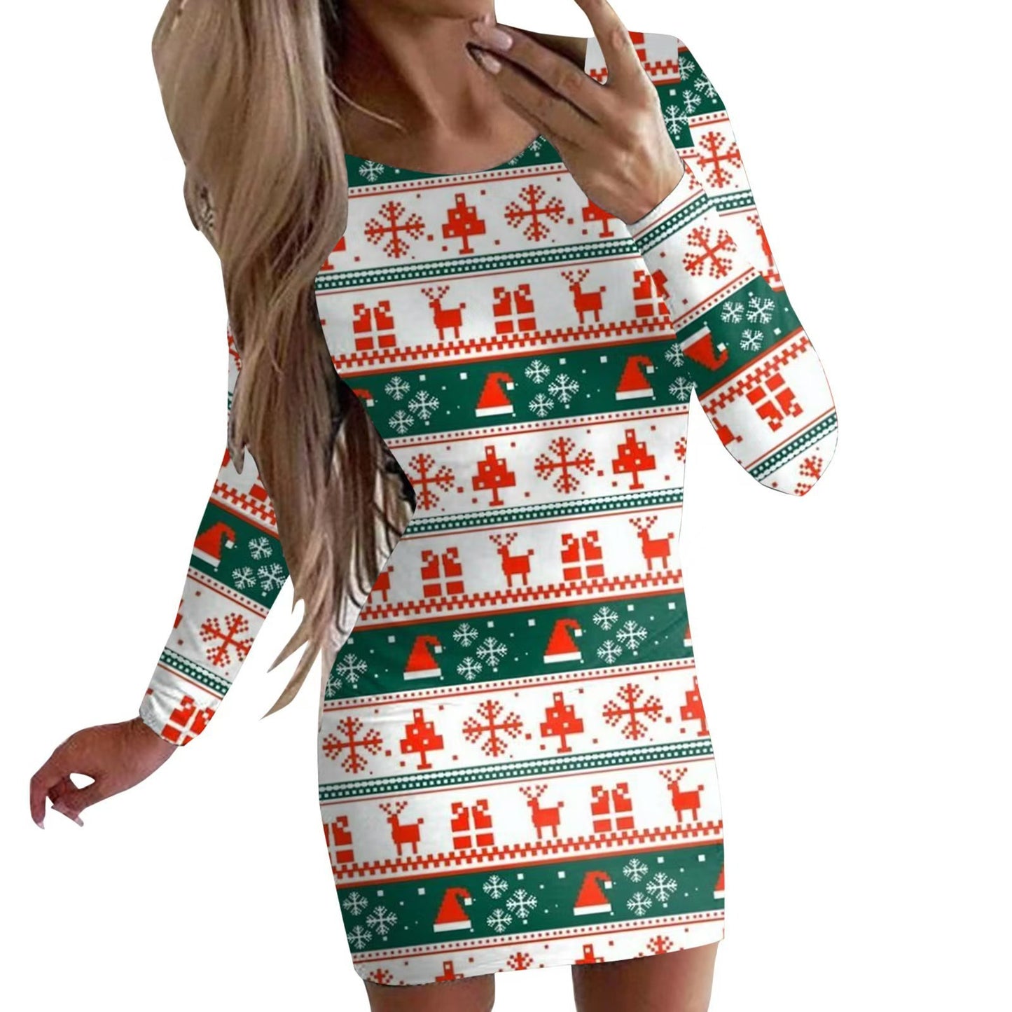 New Christmas Printed Round Neck Long Sleeve Narrow Dress