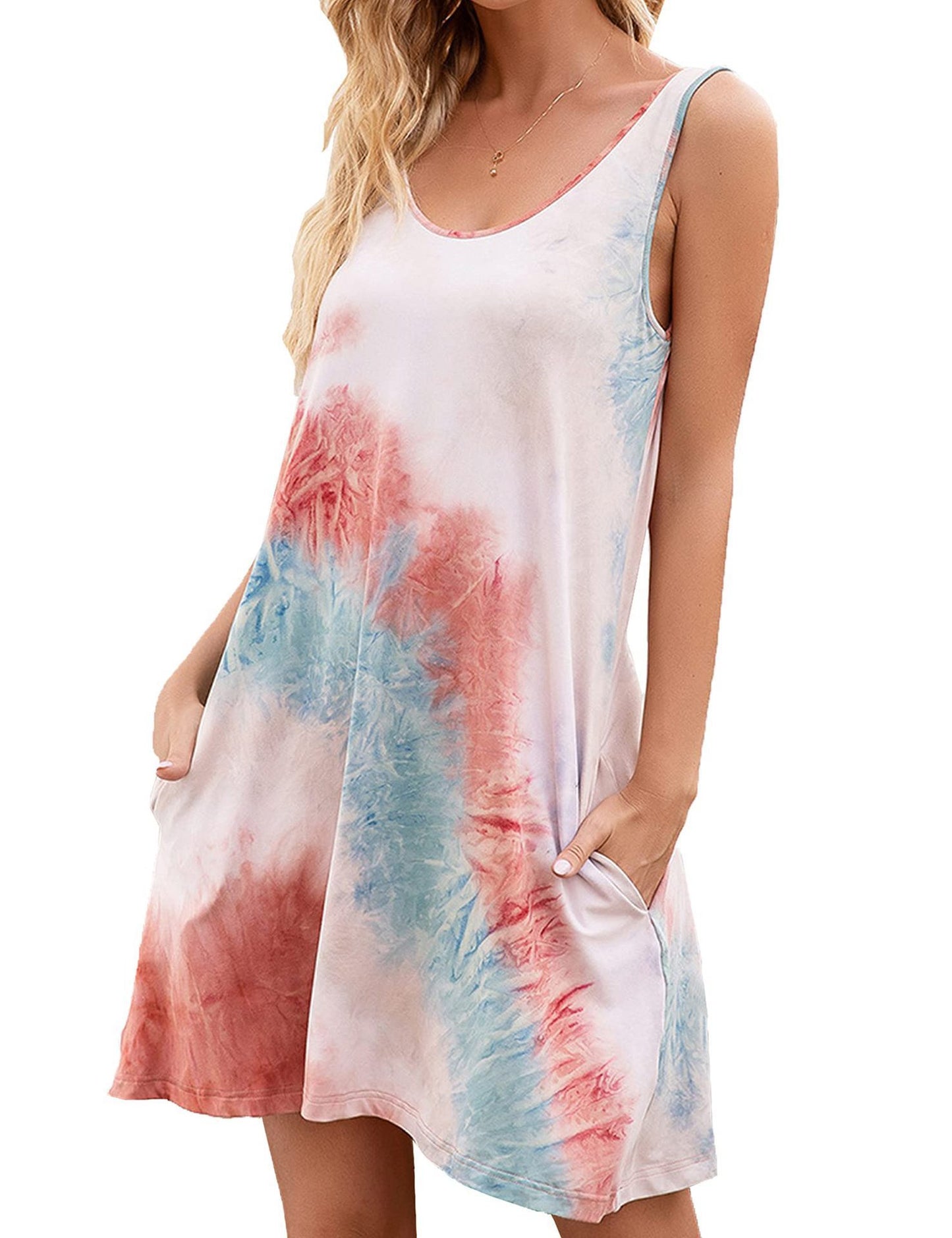 Sleeveless Round Neck Pocket Tie-dye Printed Vest Dress