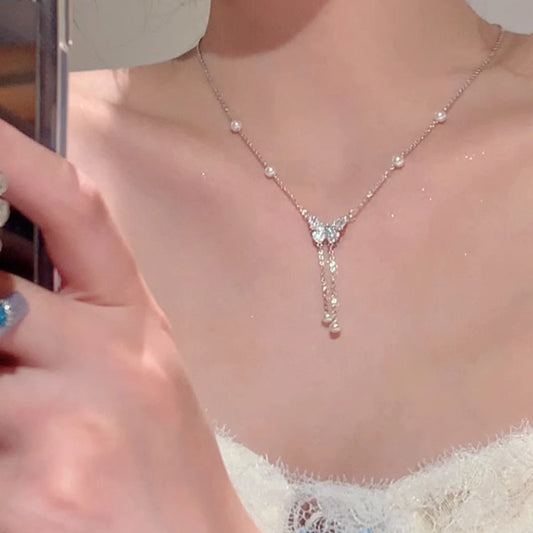 Cold Style Butterfly Pearl Tassel Necklace For Women
